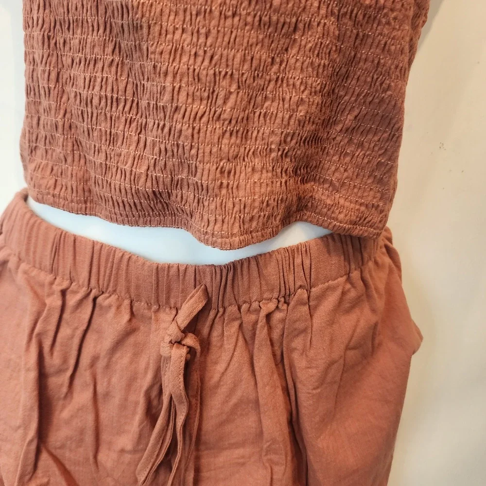 PrettyGarden Two Piece Set Women XL Rust Brown Smocked One Shoulder Shorts NWT
